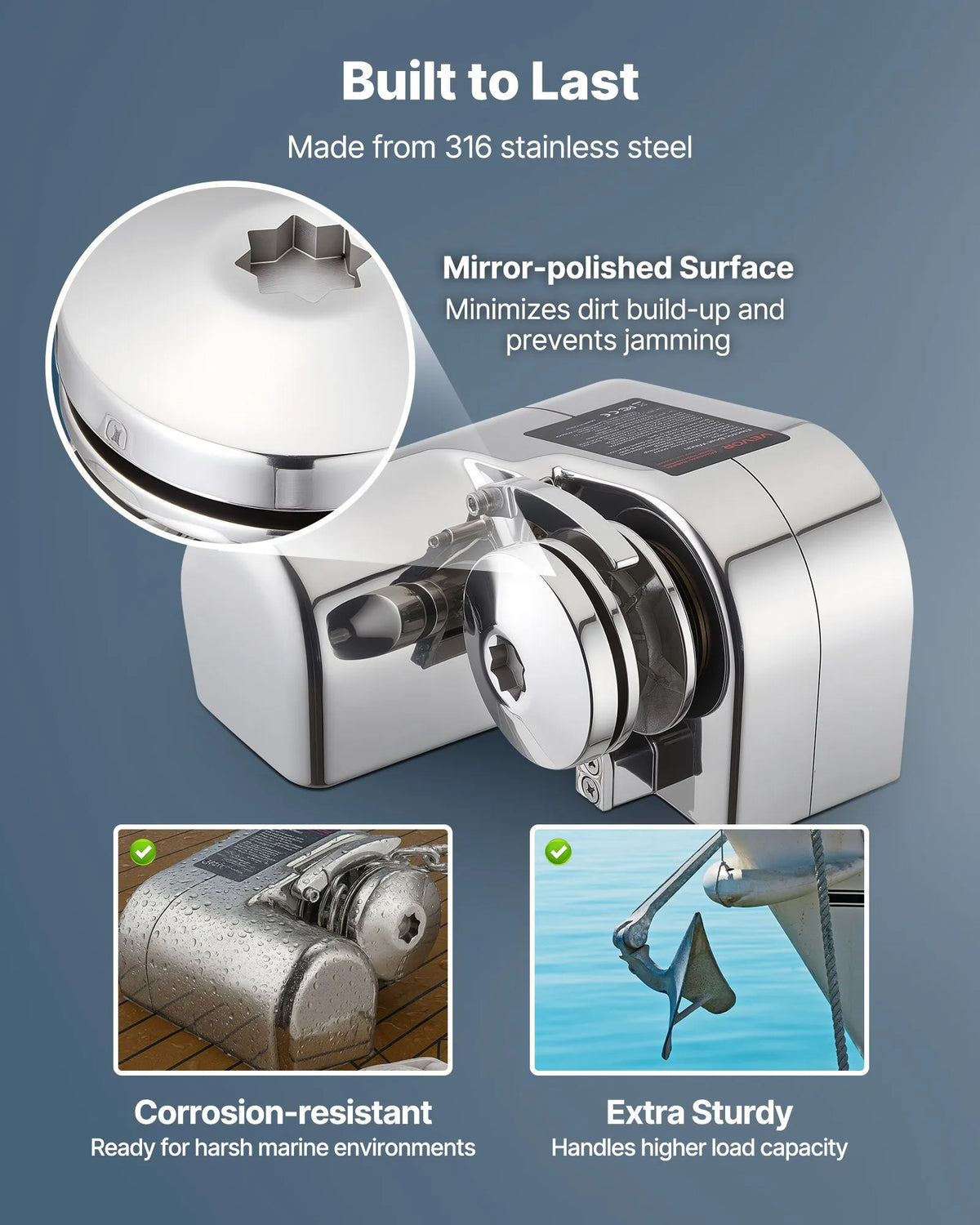 VEVOR Horizontal Anchor Winch for Boats, 12 V DC 600 W, for 6.35 mm Chain or 14.3–15.9 mm Nylon Rope, Maximum Pull 260 kg, 316 Stainless Steel, for Boats 7–9 m