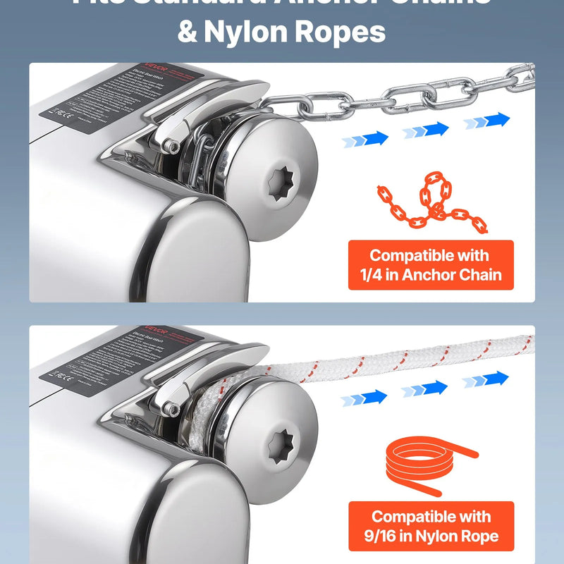 VEVOR horizontāla enkura vinča laivām, 12 V līdzstrāva 600 W, paredzēta 6,35 mm ķēdei vai 14,3–15,9 mm neilona virvei, maksimālā vilkme 260 kg, 316 nerūsējošais tērauds, laivām 7–9 m
