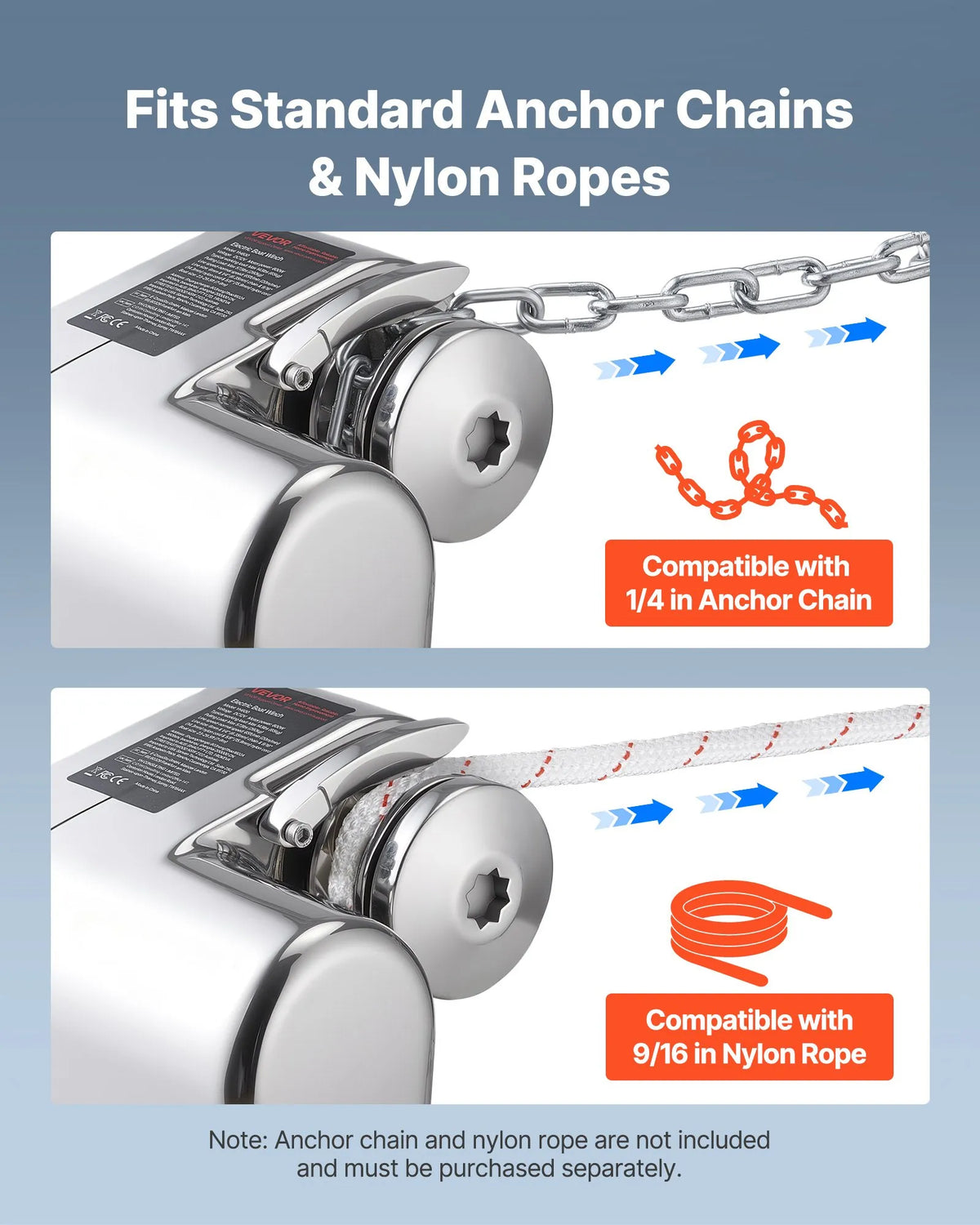 VEVOR Horizontal Anchor Winch for Boats, 12 V DC 600 W, for 6.35 mm Chain or 14.3–15.9 mm Nylon Rope, Maximum Pull 260 kg, 316 Stainless Steel, for Boats 7–9 m