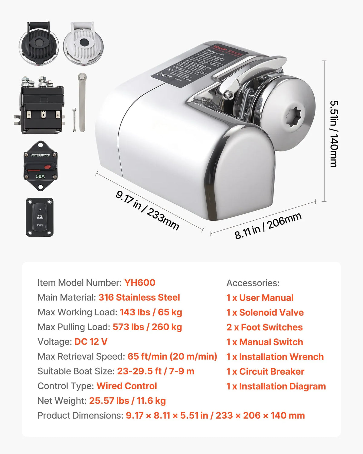 VEVOR Horizontal Anchor Winch for Boats, 12 V DC 600 W, for 6.35 mm Chain or 14.3–15.9 mm Nylon Rope, Maximum Pull 260 kg, 316 Stainless Steel, for Boats 7–9 m