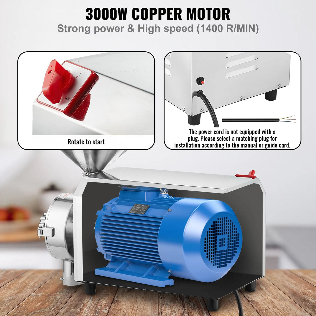 VEVOR Commercial Soya and Spice Grinder 3000 W, 100 kg/h, Stainless Steel