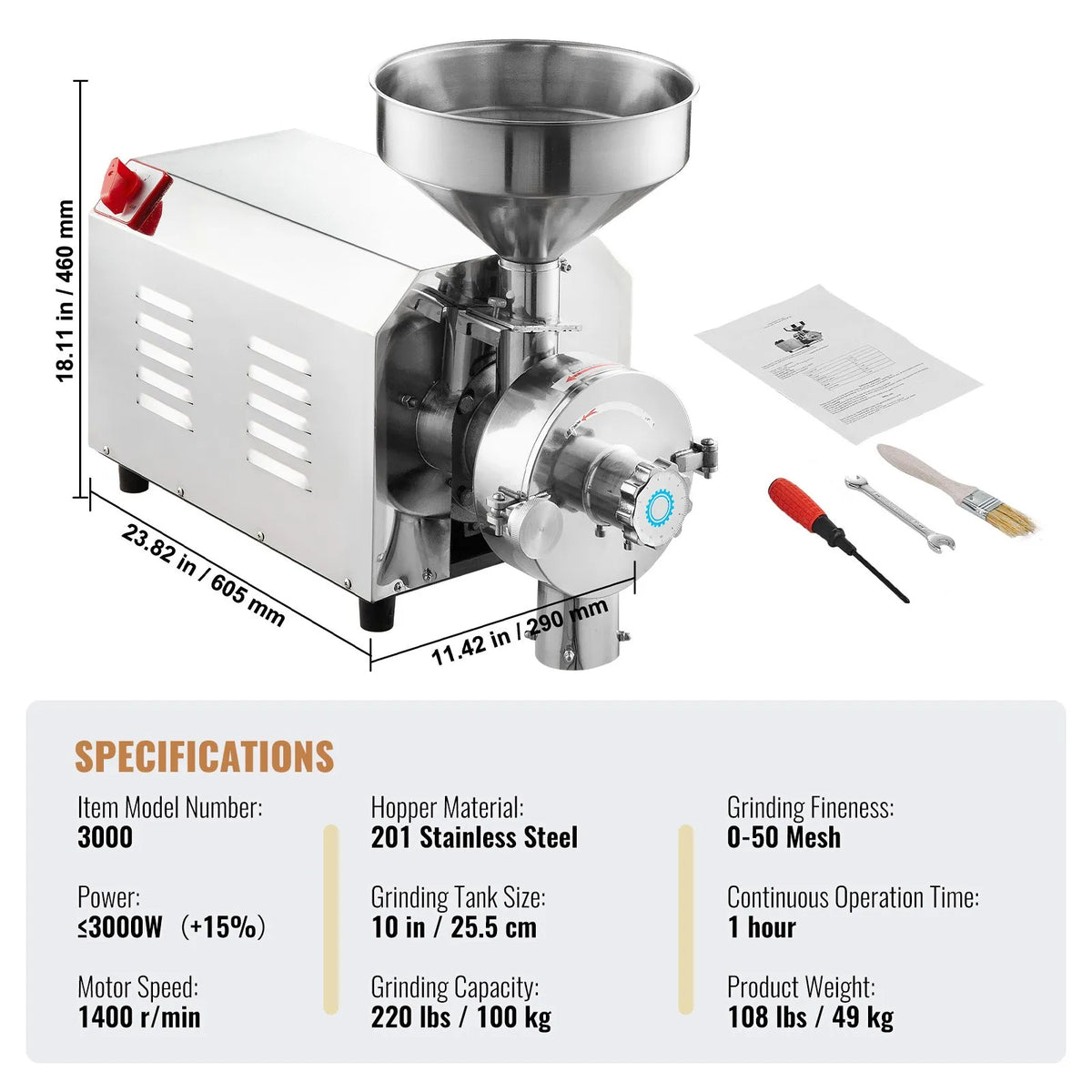 VEVOR Commercial Soya and Spice Grinder 3000 W, 100 kg/h, Stainless Steel