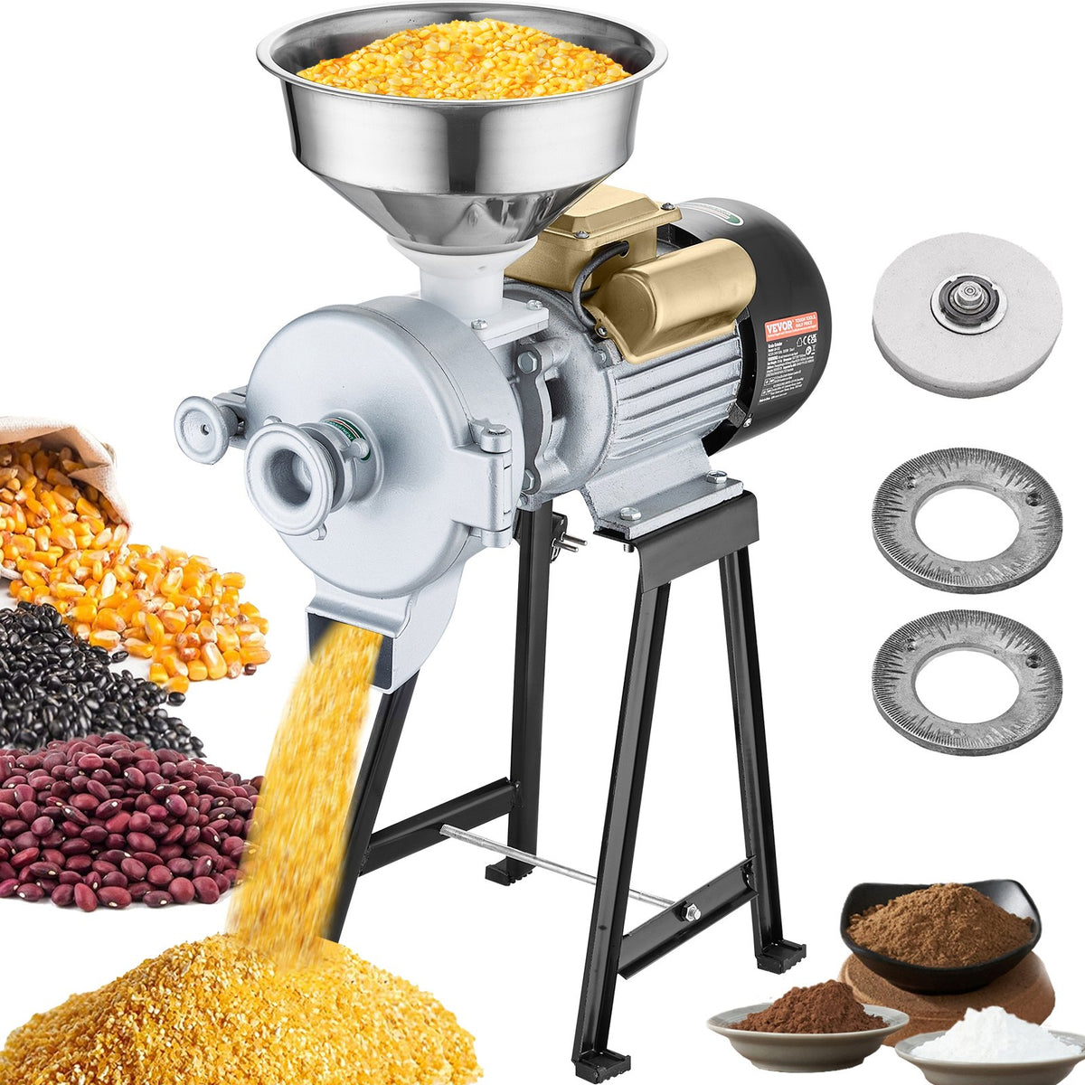 VEVOR Electric Grain Mill 3000 W with Hopper and Adjustable Fineness for Dry and Wet Grinding