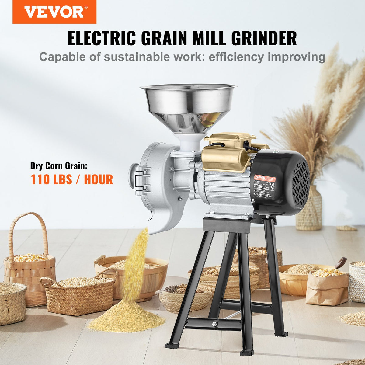 VEVOR Electric Grain Mill 3000 W with Hopper and Adjustable Fineness for Dry and Wet Grinding