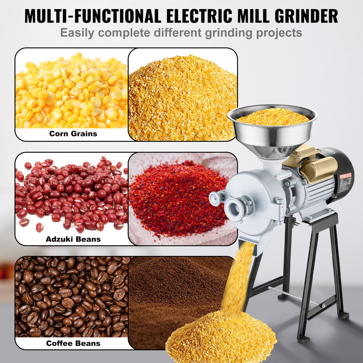 VEVOR Electric Grain Mill 3000 W with Hopper and Adjustable Fineness for Dry and Wet Grinding