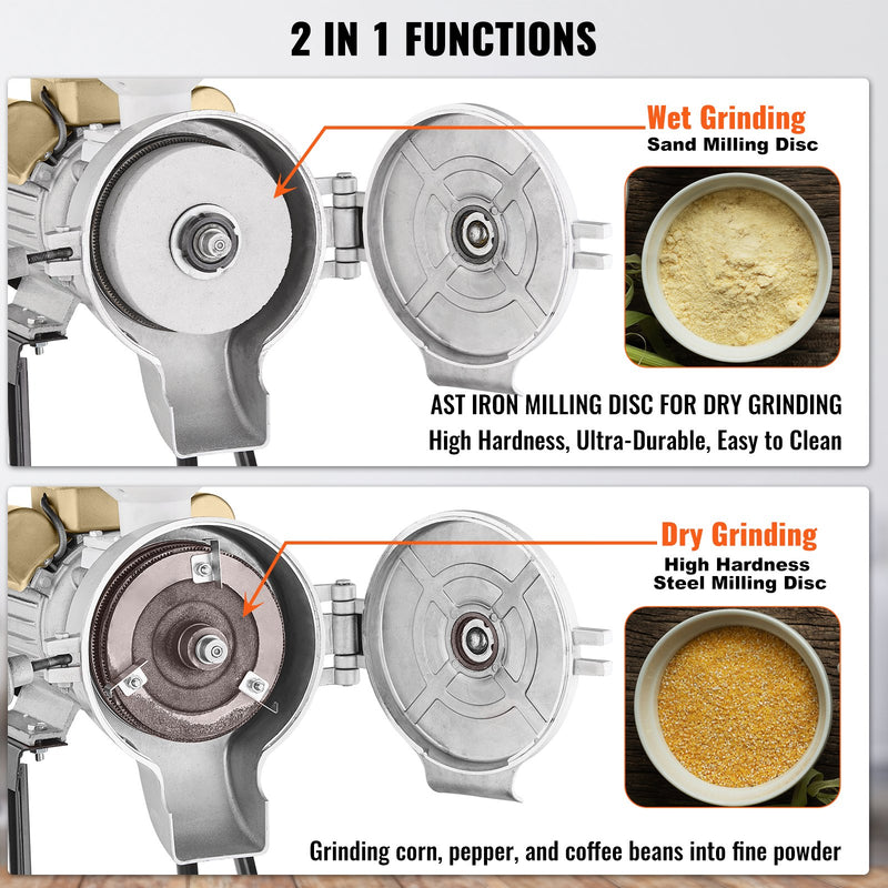 VEVOR elektriskās graudu dzirnaviņas, 3000 W – garšvielu un graudu malšanas iekārta ar piltuvi, regulējamu rupjuma pakāpi, piemērota sausai un mitrai malšanai, rūpnieciska tipa kviešu, kukurūzas un graudaugu malšanas iekārta