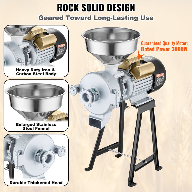 VEVOR elektriskās graudu dzirnaviņas, 3000 W – garšvielu un graudu malšanas iekārta ar piltuvi, regulējamu rupjuma pakāpi, piemērota sausai un mitrai malšanai, rūpnieciska tipa kviešu, kukurūzas un graudaugu malšanas iekārta