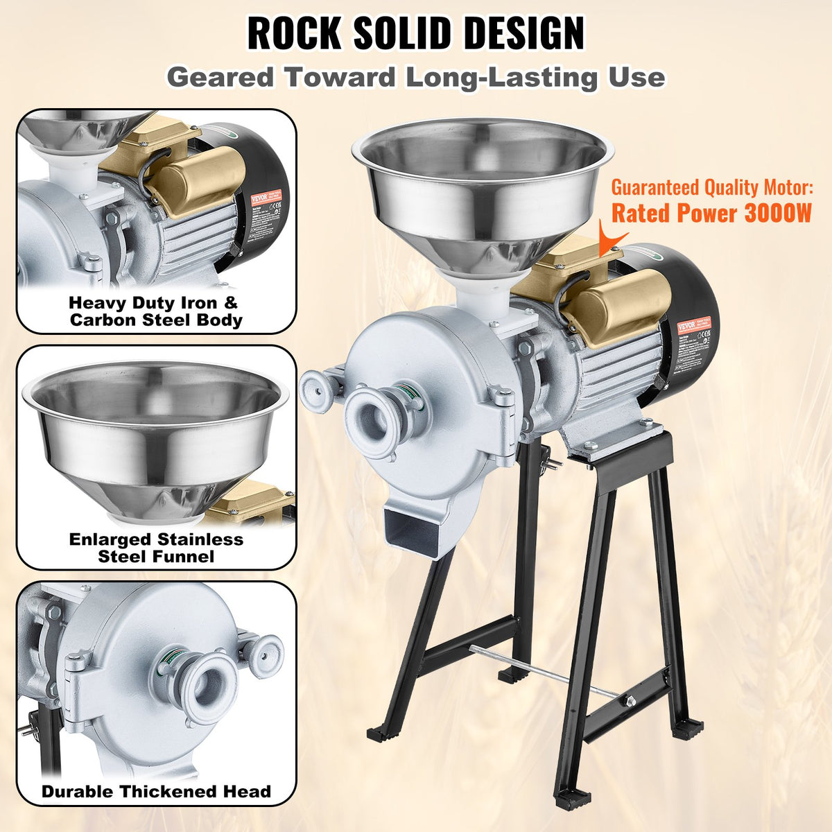 VEVOR Electric Grain Mill 3000 W with Hopper and Adjustable Fineness for Dry and Wet Grinding