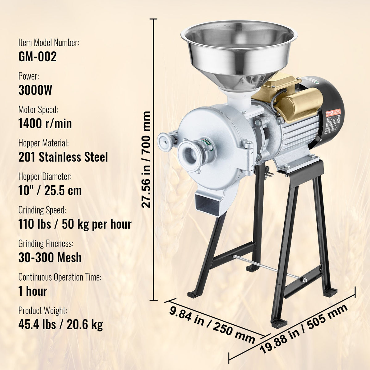 VEVOR Electric Grain Mill 3000 W with Hopper and Adjustable Fineness for Dry and Wet Grinding