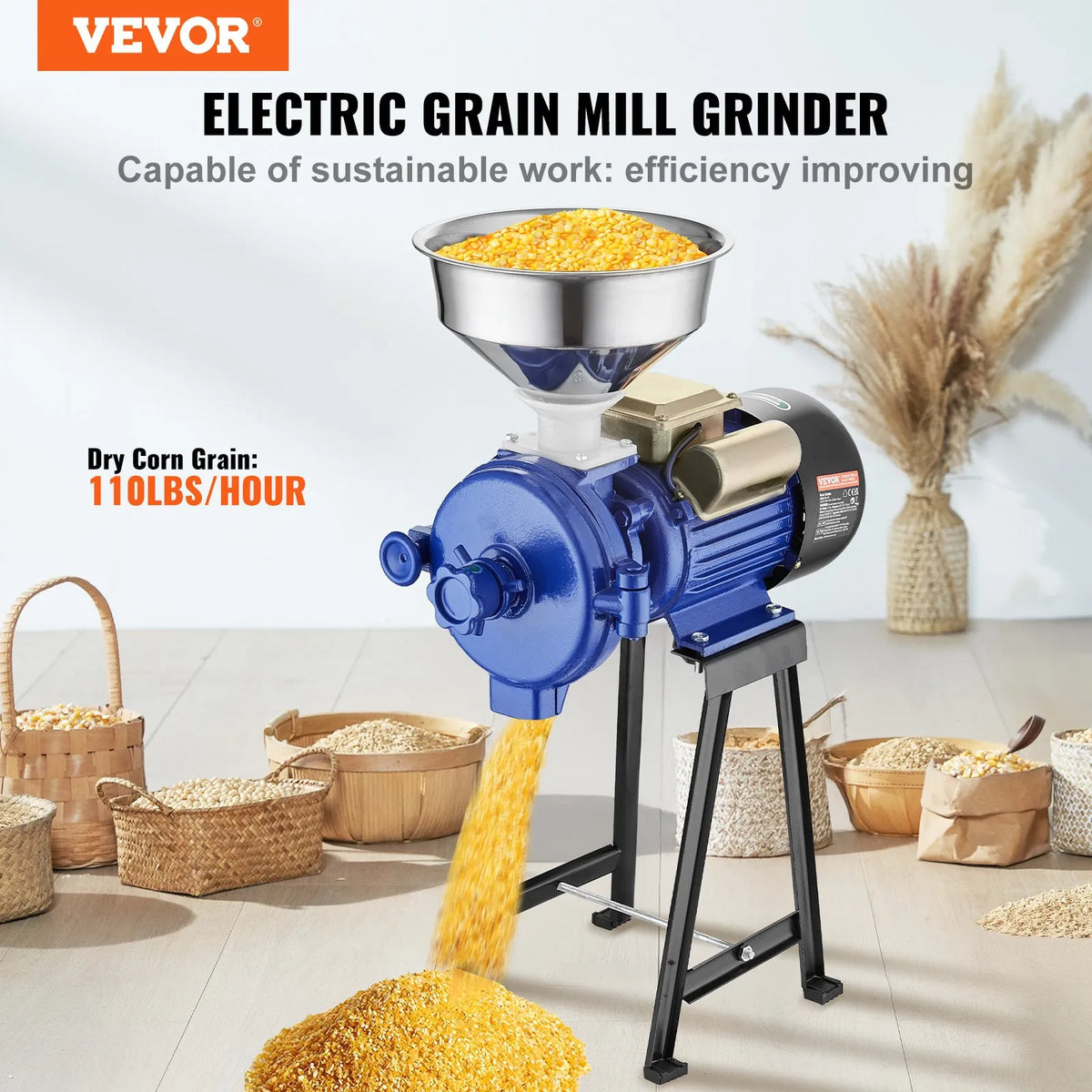 VEVOR Electric Corn and Grain Mill 3000 W with Hopper and Adjustable Fineness for Dry Grinding