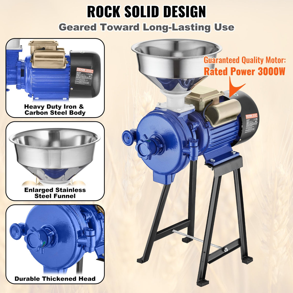 VEVOR Electric Corn and Grain Mill 3000 W with Hopper and Adjustable Fineness for Dry Grinding