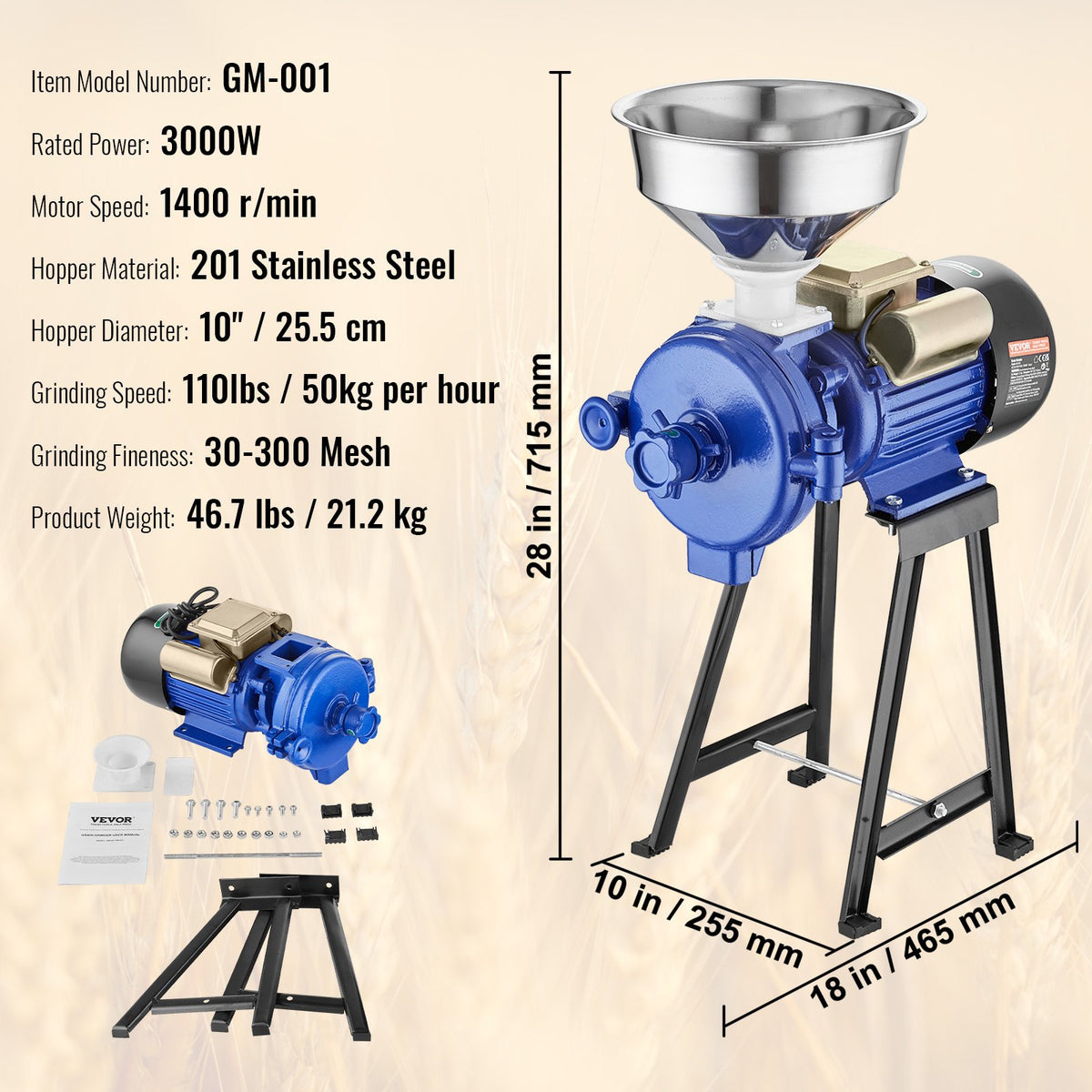 VEVOR Electric Corn and Grain Mill 3000 W with Hopper and Adjustable Fineness for Dry Grinding
