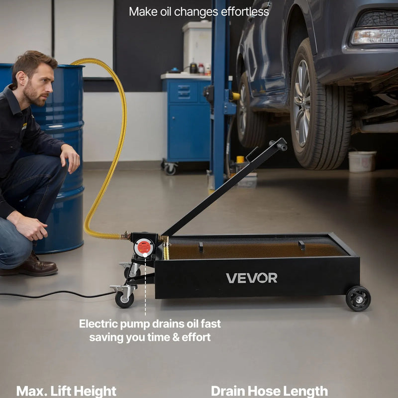 VEVOR zema profila pārvietojama eļļas noteces vanna, 56,8 l, ar elektrisko sūkni un 2,2 m šļūteni, hermētiska un korozijizturīga, piemērota automašīnām, SUV, kravas auto, motocikliem un ATV, metāla