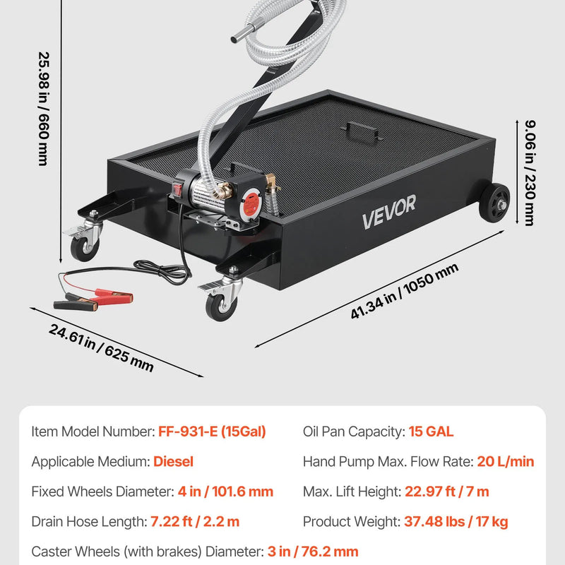 VEVOR zema profila pārvietojama eļļas noteces vanna, 56,8 l, ar elektrisko sūkni un 2,2 m šļūteni, hermētiska un korozijizturīga, piemērota automašīnām, SUV, kravas auto, motocikliem un ATV, metāla
