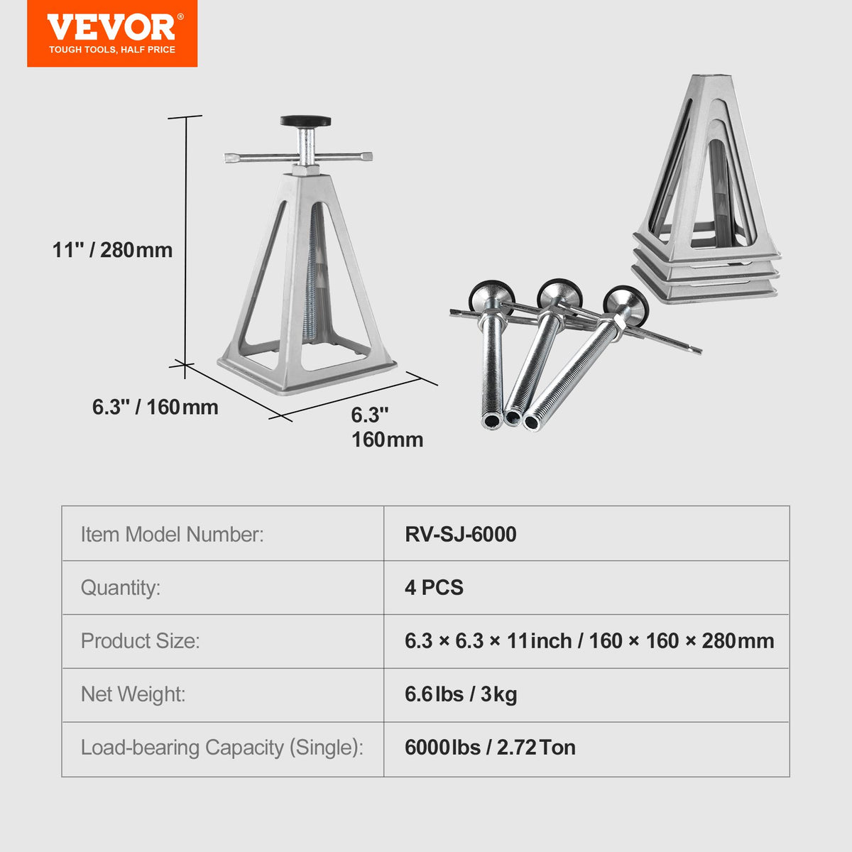 VEVOR RV Stabilisers, 4-Piece Aluminium RV Level Mounts, RV Levelling Jacks for Travel Trailers and Camping, Single Screw Mount Support Up to 6000 Lbs, Adjustable from 11 to 17 Inches