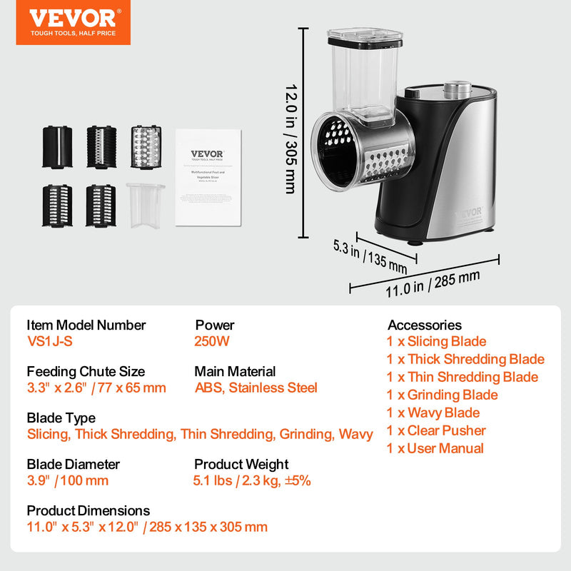 VEVOR elektriskā rīve un dārzeņu griezējs, 250W, ar 5 uzgaļiem, nerūsē