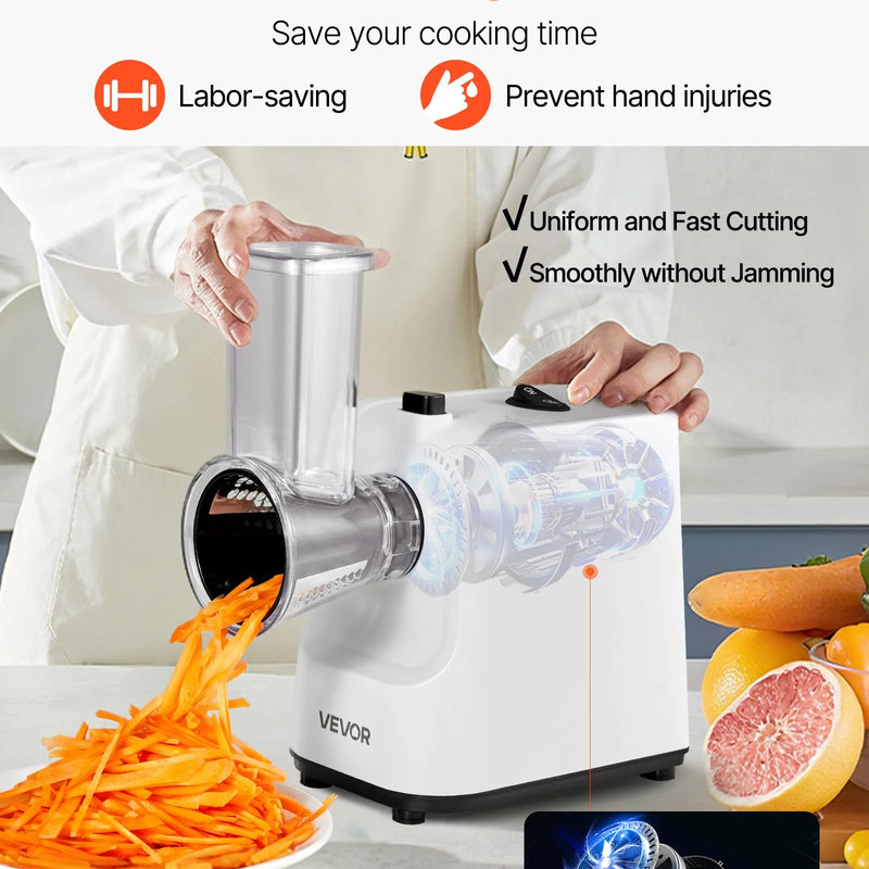 VEVOR elektriskā siera rīve un dārzeņu griezējs, 200 W, ar 5 uzgaļiem, nerūsējošā tērauda, augļiem, dārzeņiem un sieram