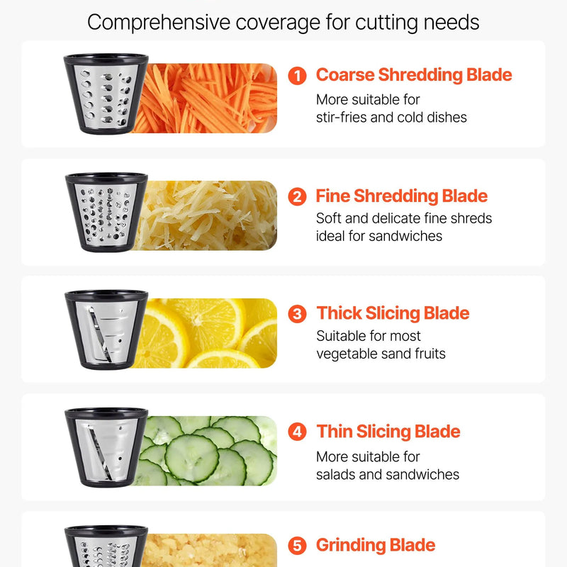 VEVOR elektriskā siera rīve un dārzeņu griezējs, 200 W, ar 5 uzgaļiem, nerūsējošā tērauda, augļiem, dārzeņiem un sieram