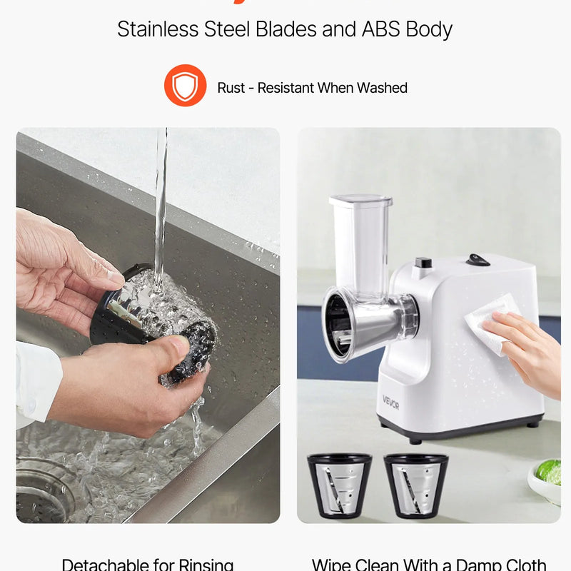 VEVOR elektriskā siera rīve un dārzeņu griezējs, 200 W, ar 5 uzgaļiem, nerūsējošā tērauda, augļiem, dārzeņiem un sieram