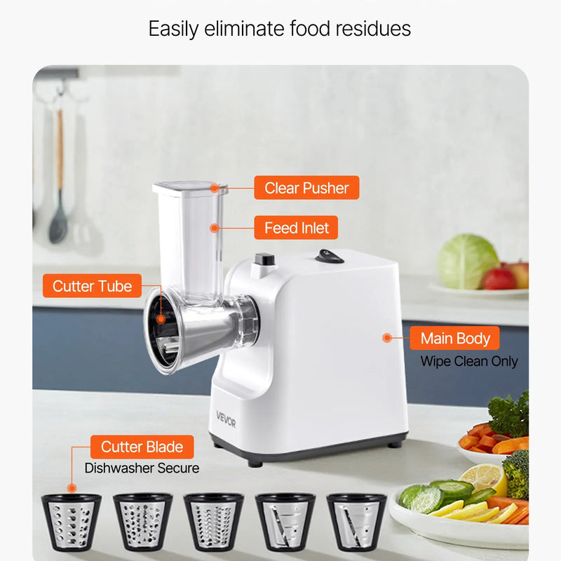 VEVOR elektriskā siera rīve un dārzeņu griezējs, 200 W, ar 5 uzgaļiem, nerūsējošā tērauda, augļiem, dārzeņiem un sieram