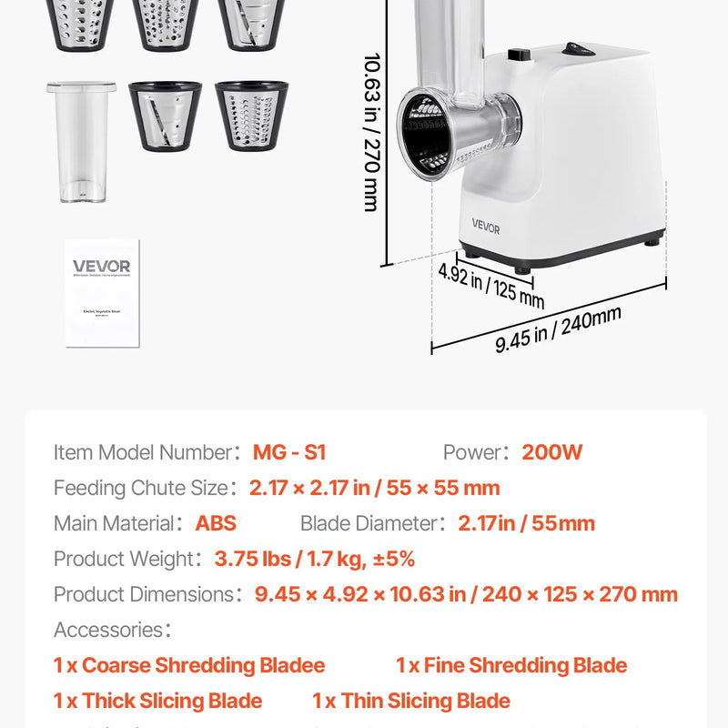 VEVOR elektriskā siera rīve un dārzeņu griezējs, 200 W, ar 5 uzgaļiem, nerūsējošā tērauda, augļiem, dārzeņiem un sieram