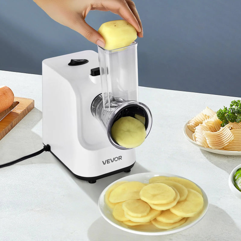 VEVOR elektriskā siera rīve un dārzeņu griezējs, 200 W, ar 5 uzgaļiem, nerūsējošā tērauda, augļiem, dārzeņiem un sieram