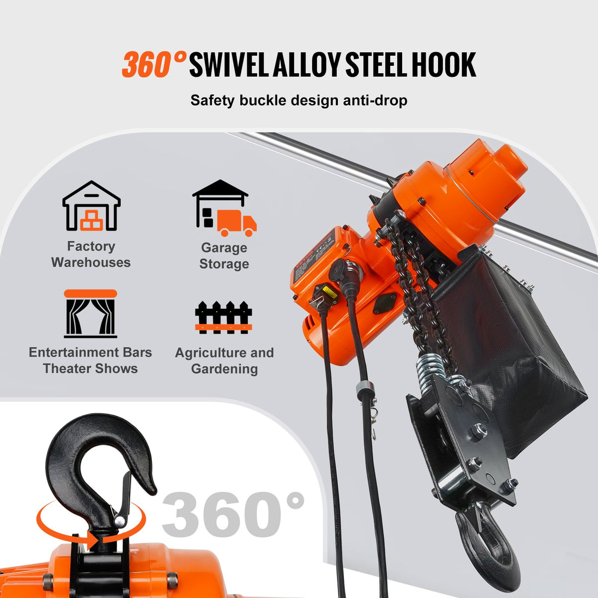 VEVOR Electric Chain Hoist, Single-Phase Lifting Hoist, 1000 kg Lifting Capacity, 3 m Lifting Height