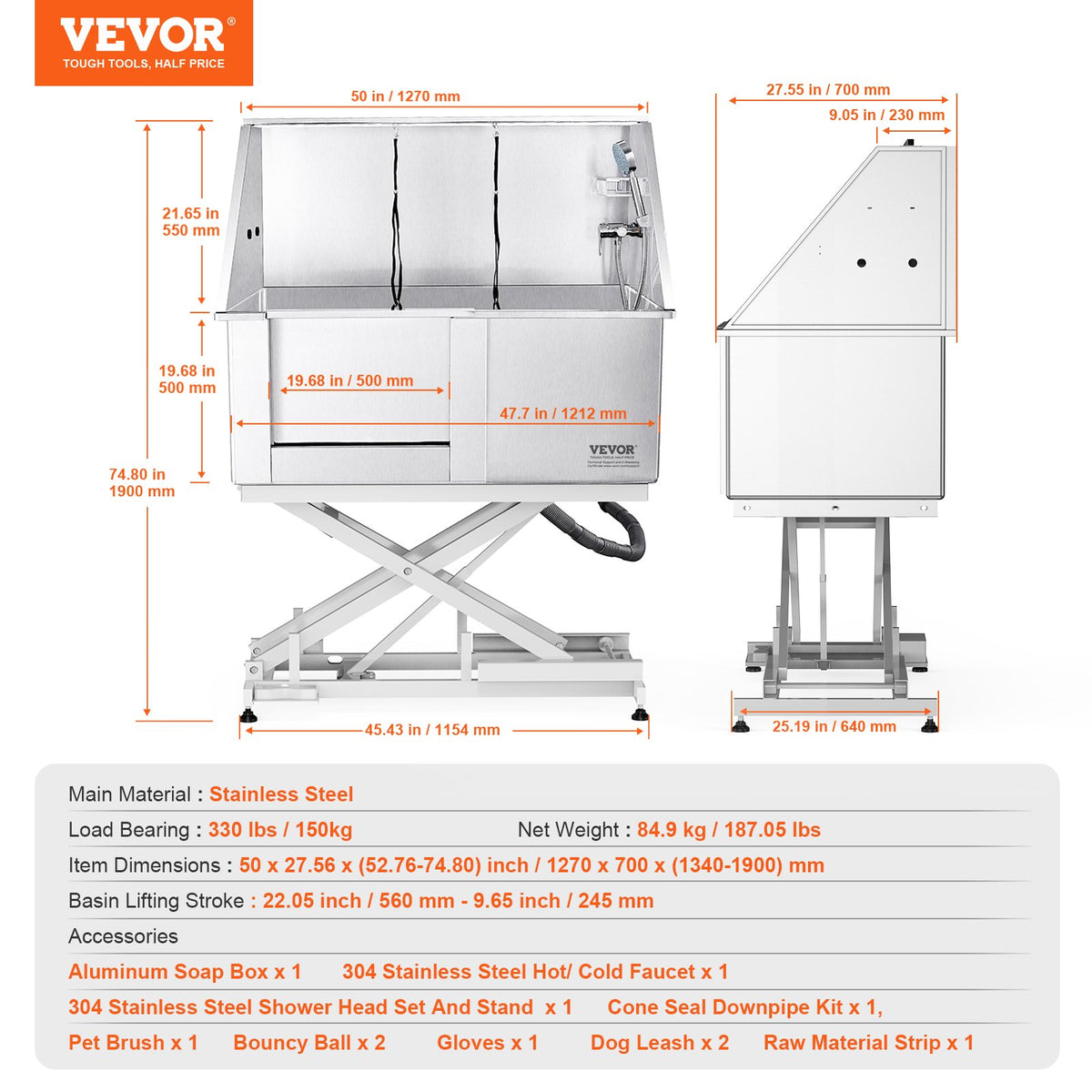 VEVOR Electric Lifting Dog and Cat Washing Bath, 127 cm