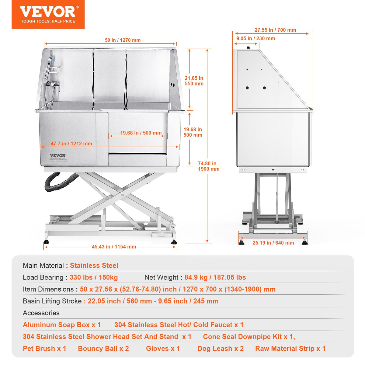 VEVOR Electric Lifting Pet Grooming Bath Tub with Adjustable Height, 127 cm