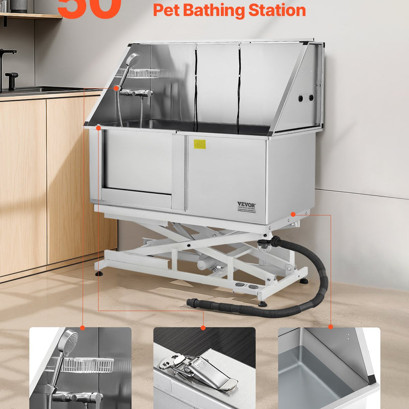 VEVOR 127 cm elektriski regulējama nerūsējošā tērauda suņu kopšanas vanna ar ūdens filtru (kreisā puse)