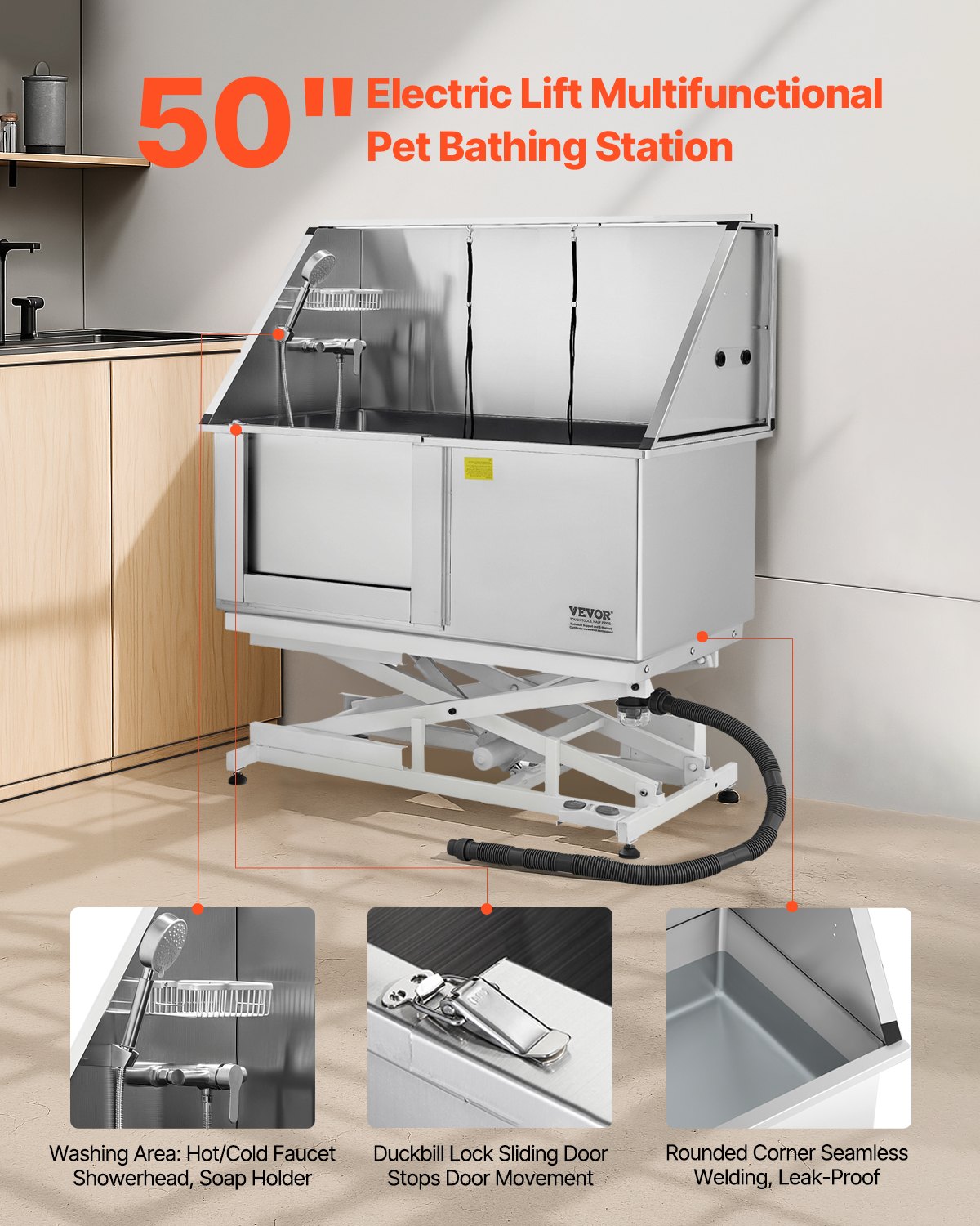 VEVOR Electric Lifting Stainless Steel Dog Grooming Bath Tub with Water Filter, 127 cm, Left Door