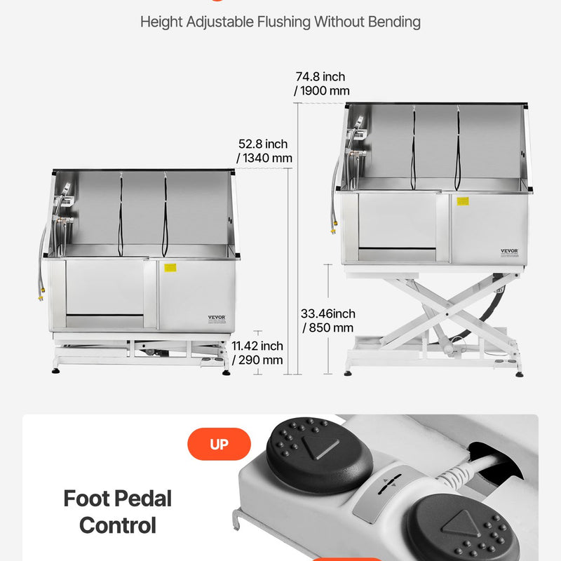 VEVOR 127 cm elektriski regulējama nerūsējošā tērauda suņu kopšanas vanna ar ūdens filtru (kreisā puse)