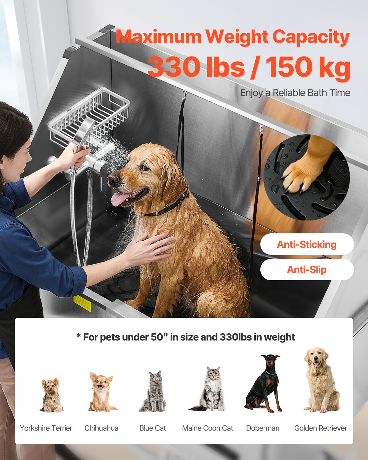 VEVOR Electric Lifting Stainless Steel Dog Grooming Bath Tub with Water Filter, 127 cm, Left Door