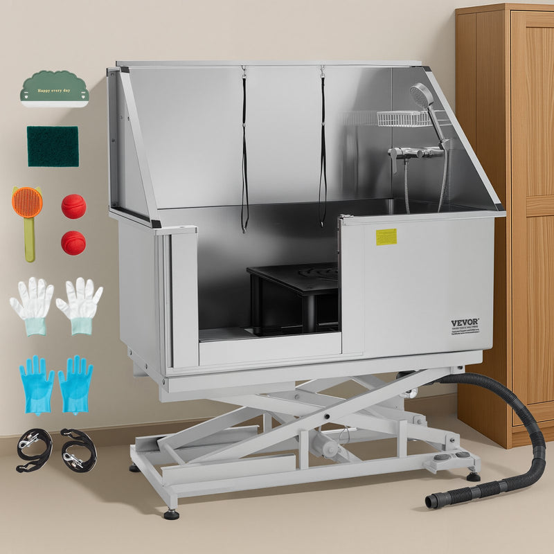 VEVOR 127 cm elektriski regulējama nerūsējošā tērauda suņu kopšanas vanna ar ūdens filtru (kreisā puse)