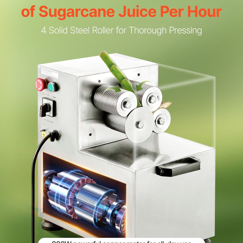 Komerciālā cukurniedru sulas spiede 800 W, elektriskā, ar 4 nerūsējošā tērauda veltņiem, jauda 300 kg/h, piemērota mājai un komerciālai lietošanai