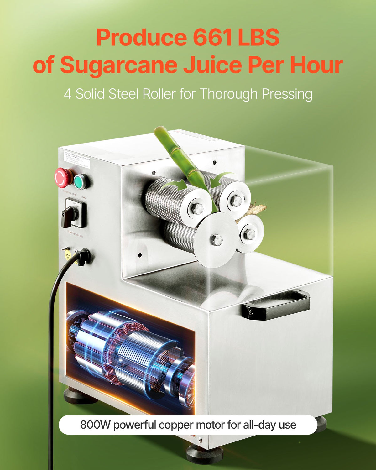 VEVOR Commercial Sugarcane Juice Press 800 W, 300 kg/h, 4 Stainless Steel Rollers