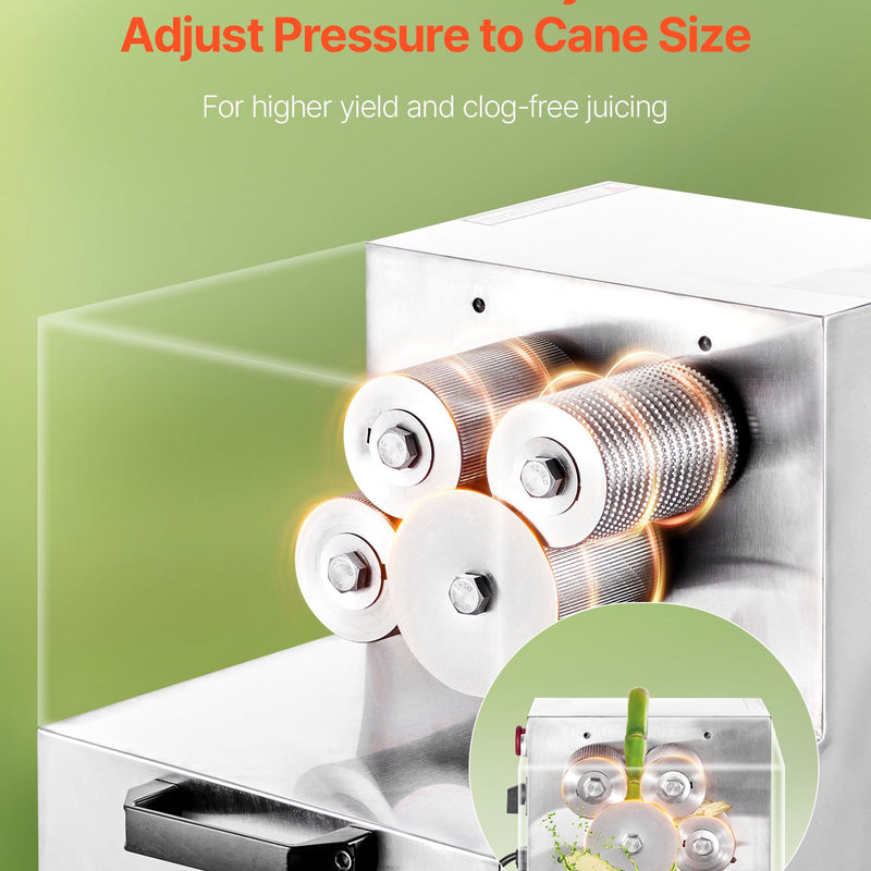 Komerciālā cukurniedru sulas spiede 800 W, elektriskā, ar 4 nerūsējošā tērauda veltņiem, jauda 300 kg/h, piemērota mājai un komerciālai lietošanai