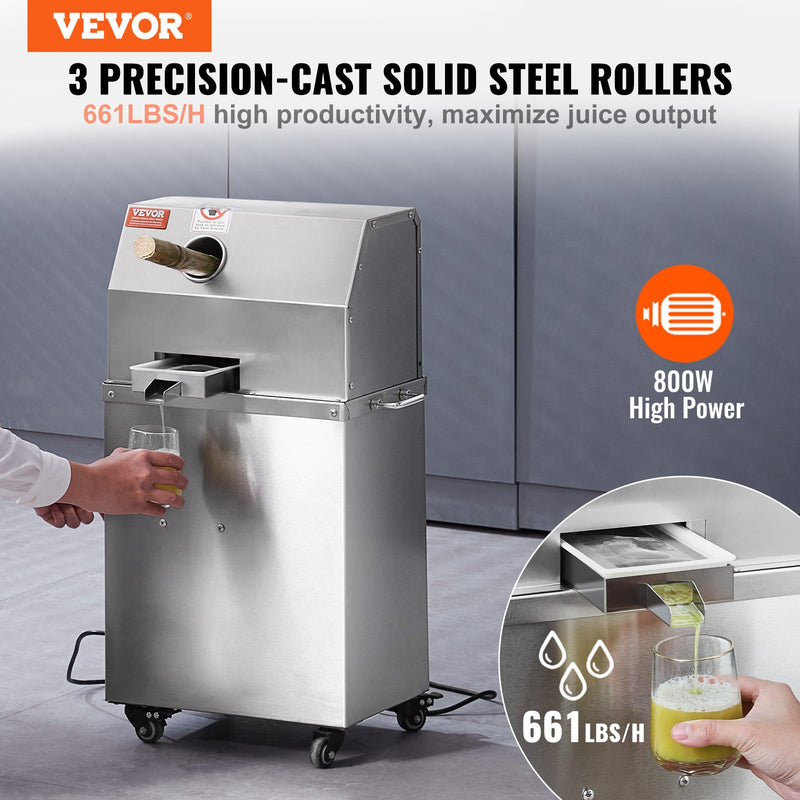 VEVOR 800W elektriskā cukurniedru sulas spiede – 300 kg/h ražība, 3 nerūsējošā tērauda ruļļi, 62 mm ieplūdes atvere