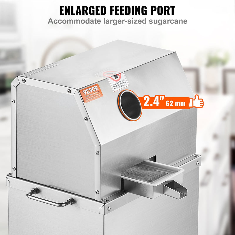 VEVOR 800W elektriskā cukurniedru sulas spiede – 300 kg/h ražība, 3 nerūsējošā tērauda ruļļi, 62 mm ieplūdes atvere