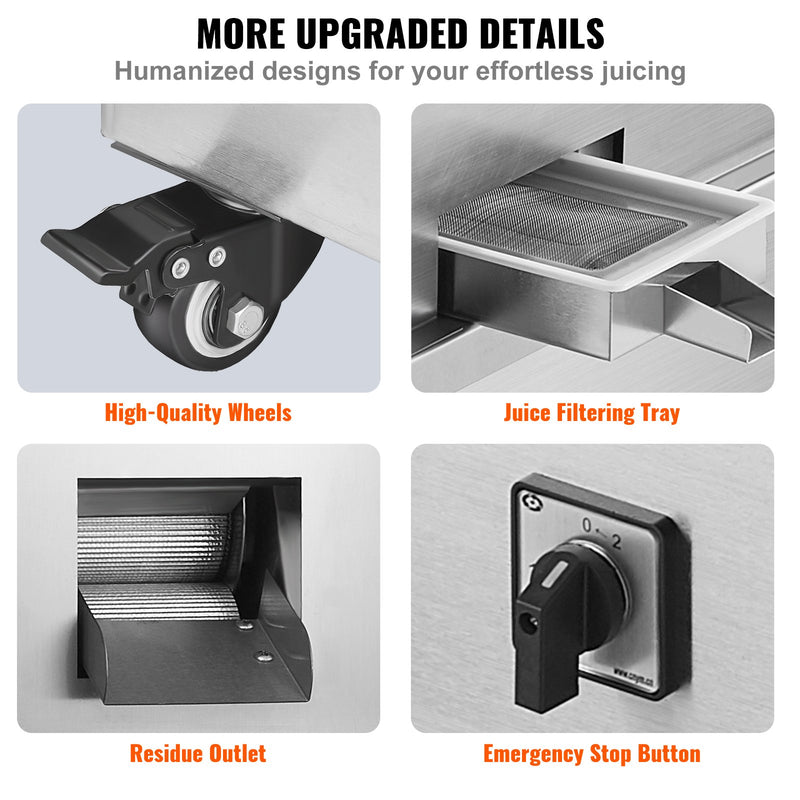 VEVOR 800W elektriskā cukurniedru sulas spiede – 300 kg/h ražība, 3 nerūsējošā tērauda ruļļi, 62 mm ieplūdes atvere