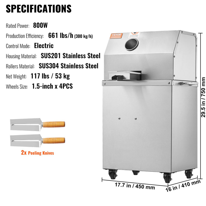 VEVOR 800W elektriskā cukurniedru sulas spiede – 300 kg/h ražība, 3 nerūsējošā tērauda ruļļi, 62 mm ieplūdes atvere