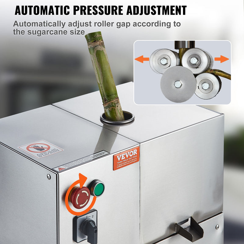 VEVOR 800W elektriskā cukurniedru spiede, 300 kg/h izeja, 4 ruļļi, 60 mm ieeja