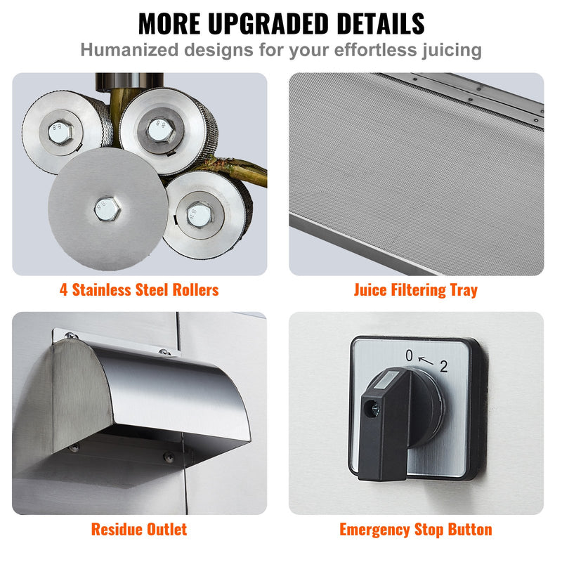 VEVOR 800W elektriskā cukurniedru spiede, 300 kg/h izeja, 4 ruļļi, 60 mm ieeja