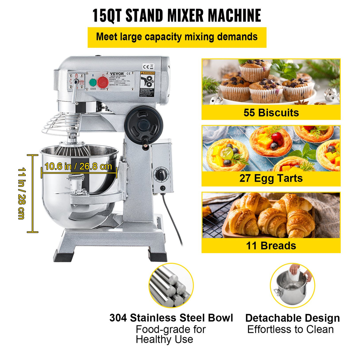 VEVOR Commercial Stand Mixer 15 L, 850 W, 3 Speeds, with Hook, Whisk and Paddle