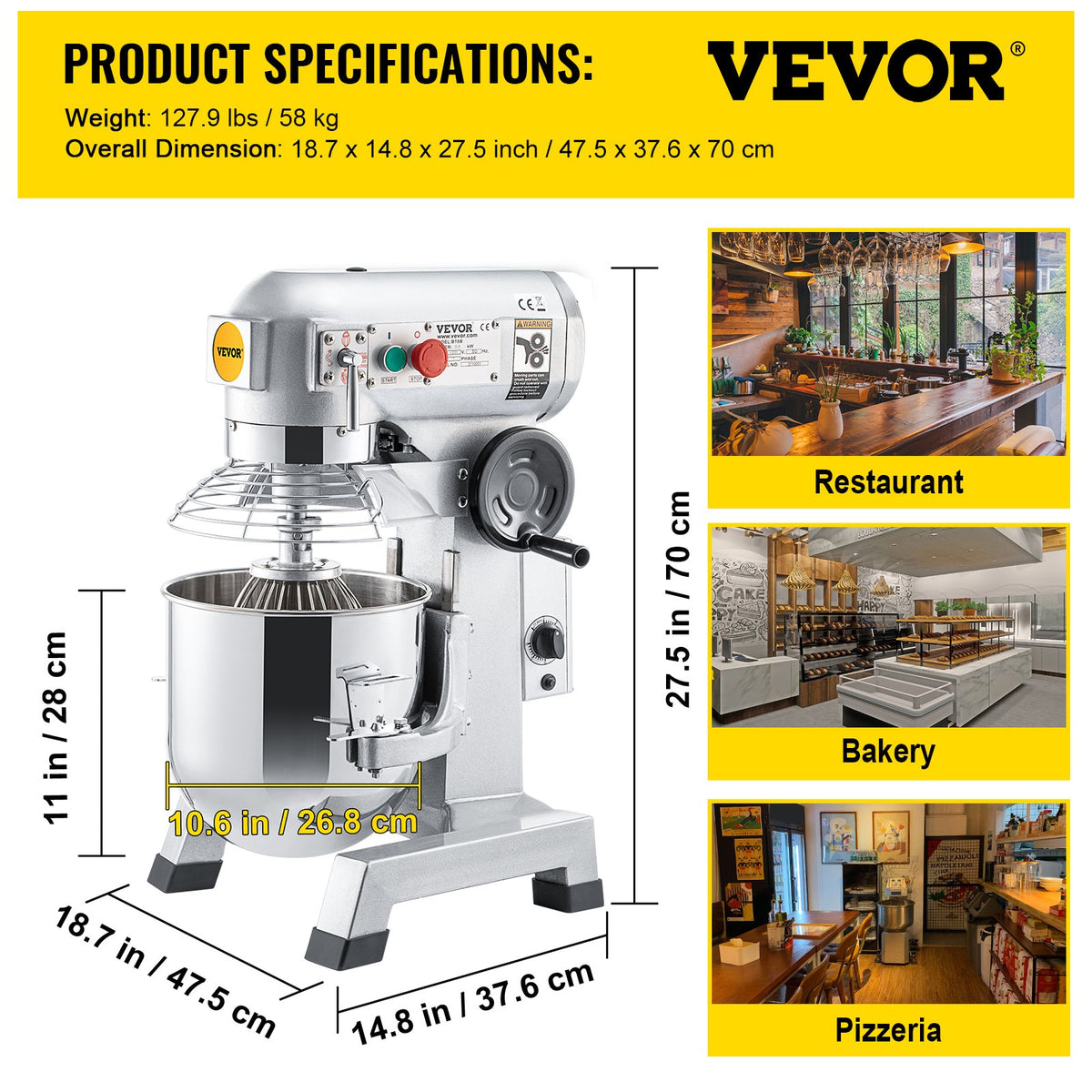 VEVOR Commercial Stand Mixer 15 L, 850 W, 3 Speeds, with Hook, Whisk and Paddle