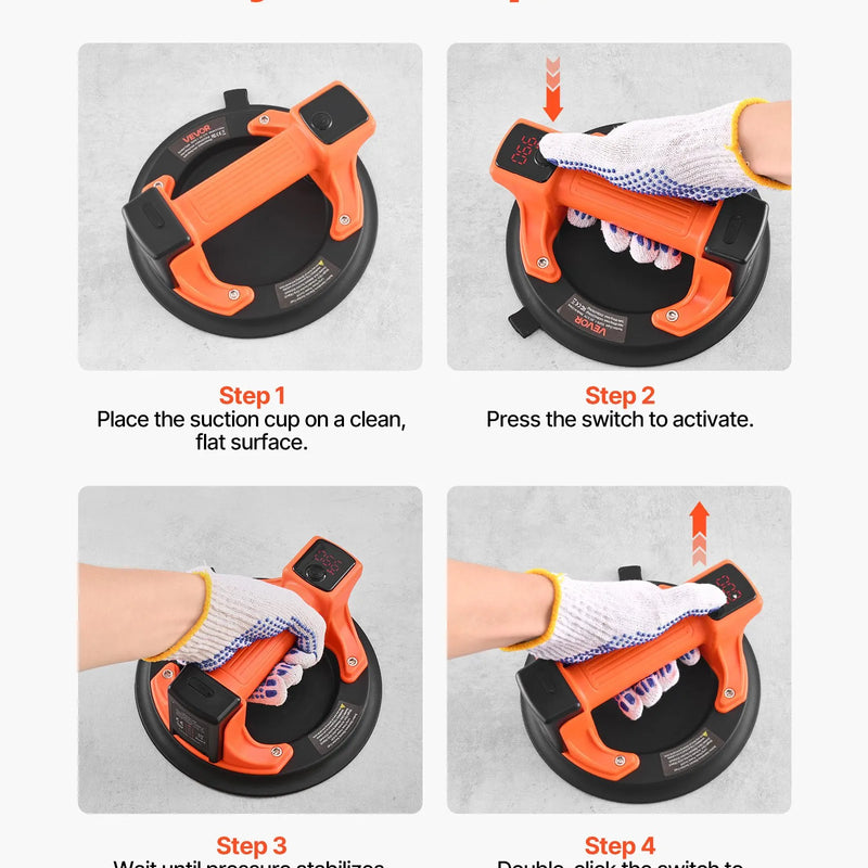VEVOR elektriskais vakuuma piesūceknis 203 mm, stikla un flīžu pacēlājs ar digitālo displeju vakuuma jaudai un akumulatora līmenim, maksimālā celtspēja 200 kg, piemērots flīzēm un granītam, 1 gab.