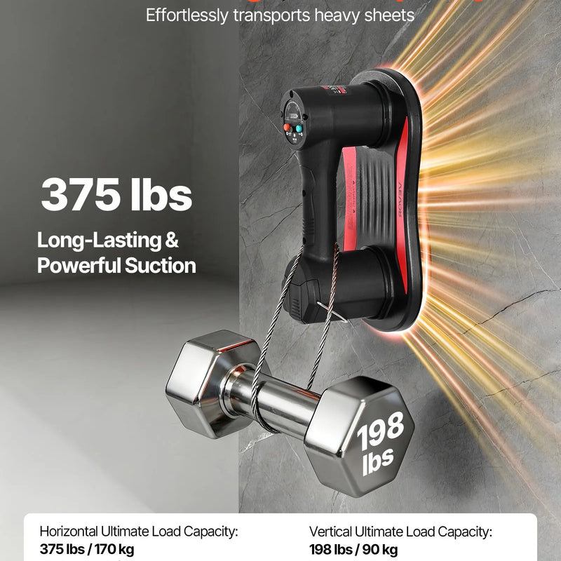 VEVOR elektriskais vakuuma piesūceknis, maksimālā celtspēja 170 kg, stikla pacēlājs ar digitālo displeju, lieljaudas piesūcekņa instruments flīžu, granīta, koka, bruģa, ģipškartona un logu celšanai