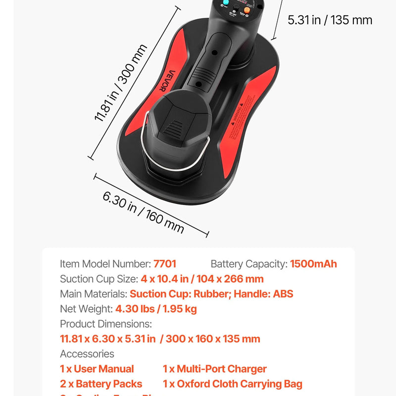 VEVOR elektriskais vakuuma piesūceknis, maksimālā celtspēja 170 kg, stikla pacēlājs ar digitālo displeju, lieljaudas piesūcekņa instruments flīžu, granīta, koka, bruģa, ģipškartona un logu celšanai