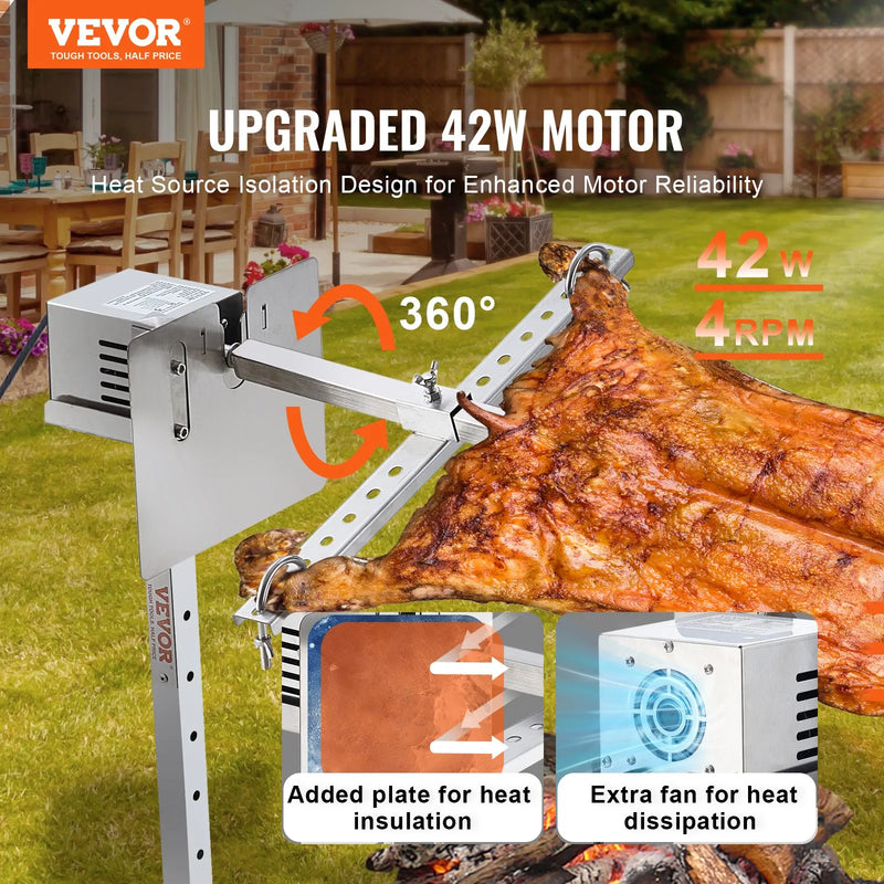 VEVOR 116,8 cm elektrisks BBQ rotējošais grila komplekts, nerūsējošā tērauda grils, cūkai vai jēram līdz 40,8 kg