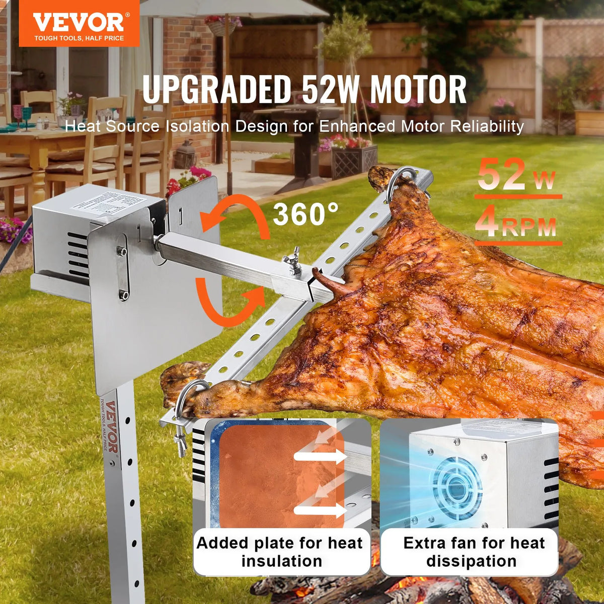 VEVOR 116.8 cm Electric BBQ Rotisserie Grill Kit, Stainless Steel Grill, for Pig or Lamb up to 59.9 kg